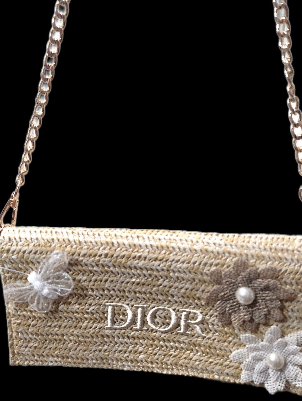 Dior Natural Straw Crossbody Bag with Floral Appliqué